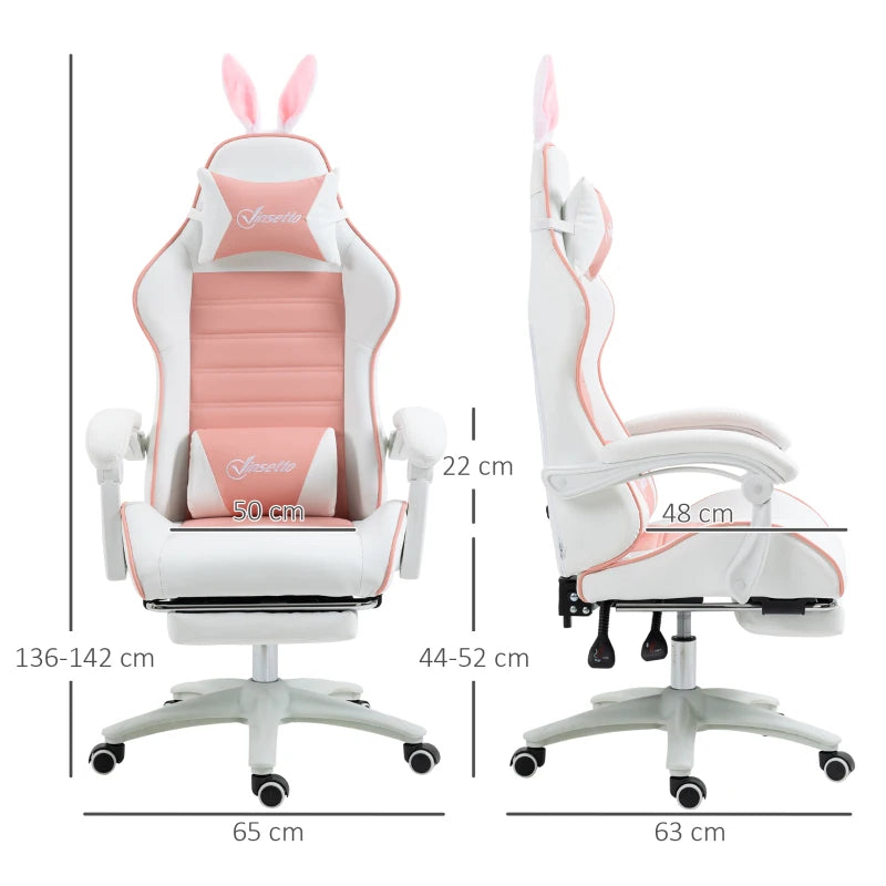 Pink Racing Gaming Chair with Rabbit Ears, Footrest, Headrest & Lumbar Support