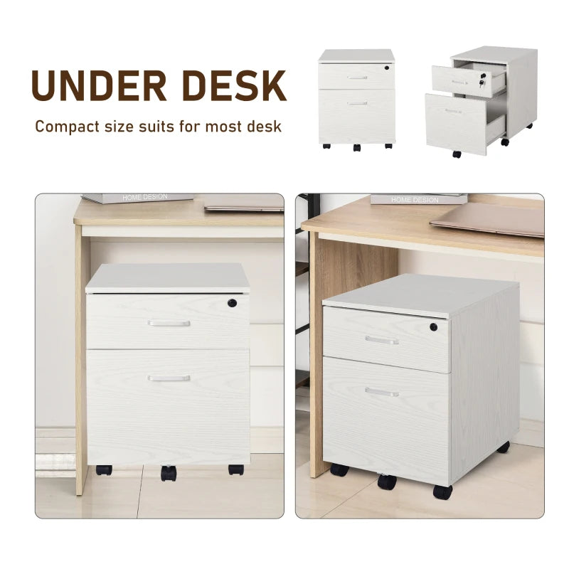 White Wood Grain 2-Drawer Locking Filing Cabinet with Wheels