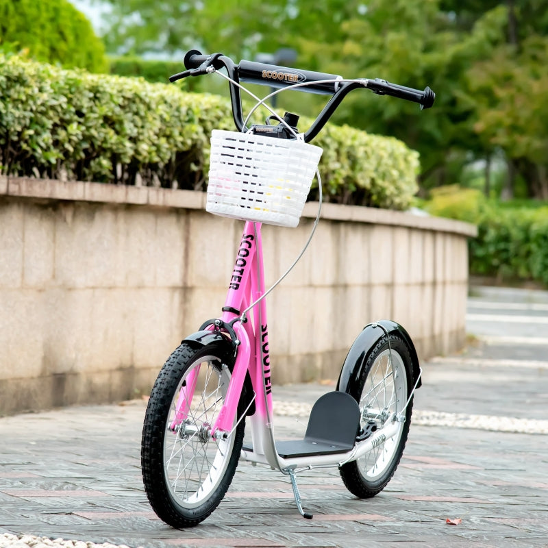 Pink Kids Scooter with Adjustable Handlebar, 2 Brakes, Basket, Cupholder, Mudguard, 16" Inflatable Tyres