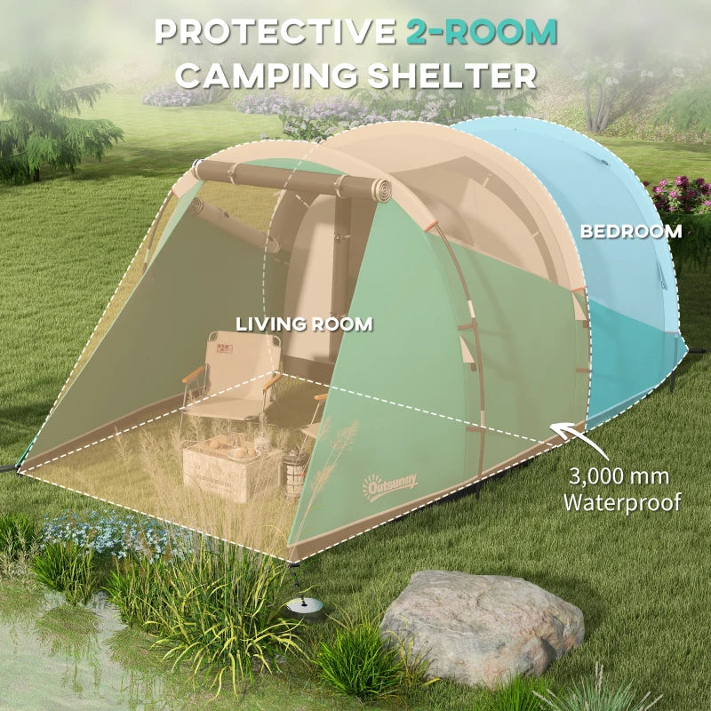 Green 3-Person Waterproof Two-Room Tunnel Tent - 3000mm