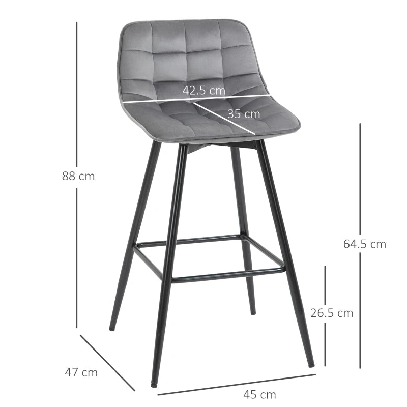 Grey Velvet Bar Stool Set - 2 Upholstered Kitchen Counter Chairs