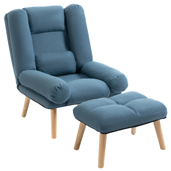 Blue Reclining Armchair with Ottoman and Adjustable Backrest