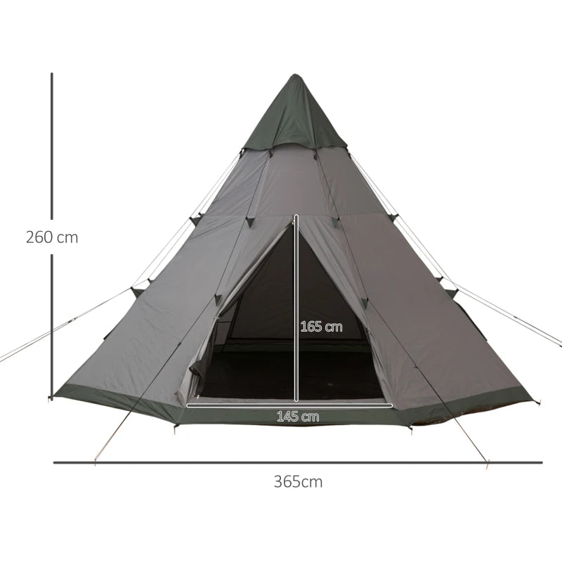 Gray 6-Person Teepee Camping Tent with Mesh Windows and Carry Bag