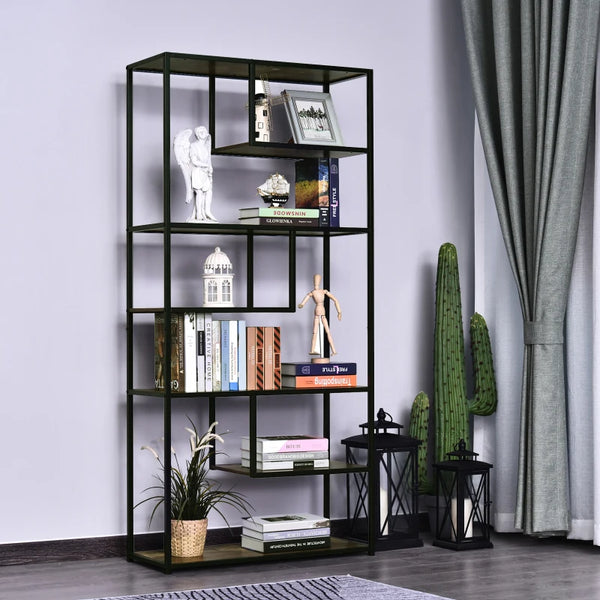 Industrial 6-Tier Tall Bookcase, Steel Frame, Rustic Brown/Black, 82x33.5x175cm