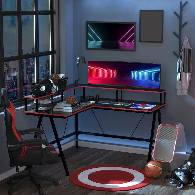 Black and Red L-Shaped Gaming Desk with Monitor Stand