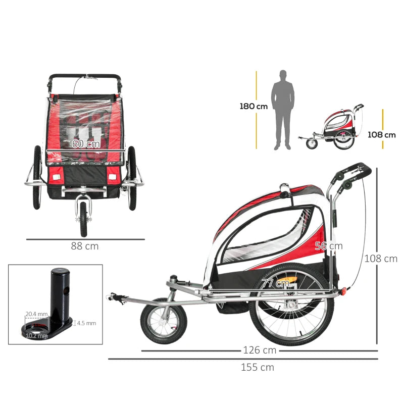Red Child Bike Trailer for 2 Kids with 360° Rotatable Design