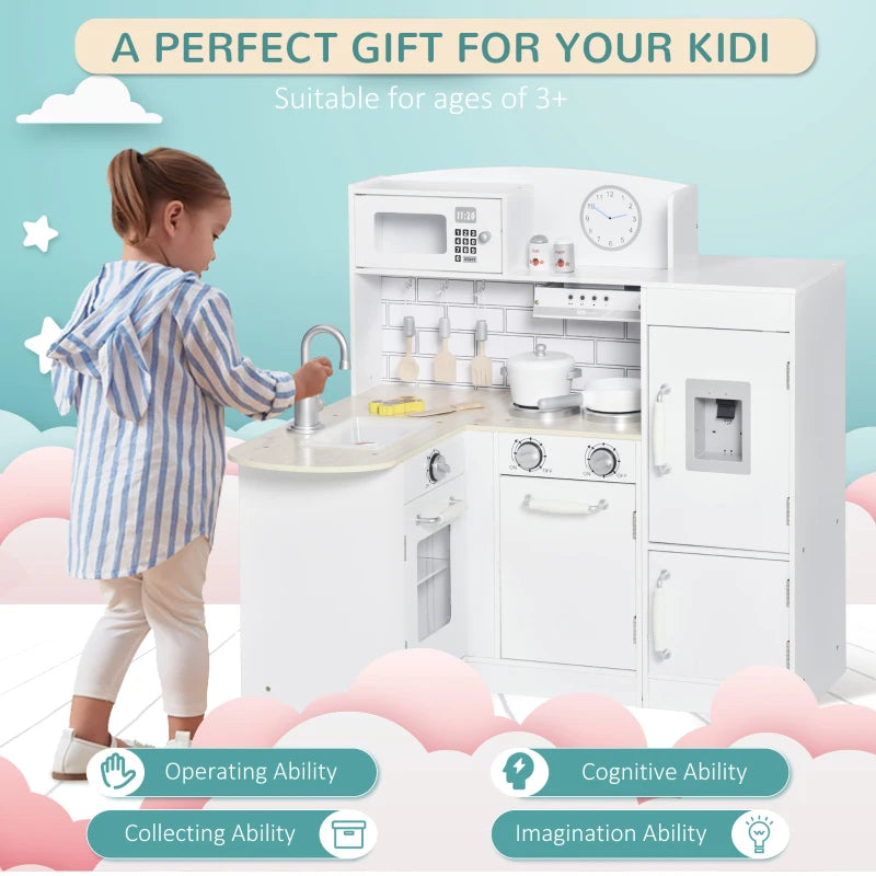 White Kids Wooden Play Kitchen Set with Microwave and Fridge