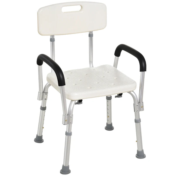 Adjustable Shower Chair with Back and Armrest, Portable Medical Stool - White