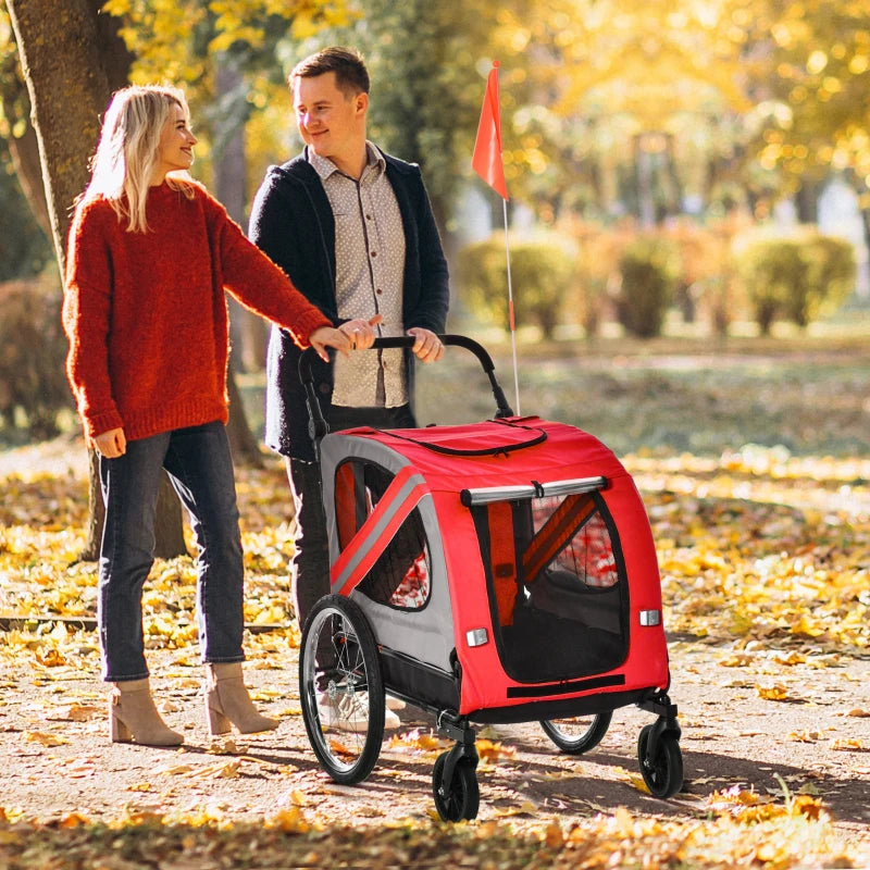 Red 2-In-1 Dog Bike Trailer Pet Stroller with Reflective Flag