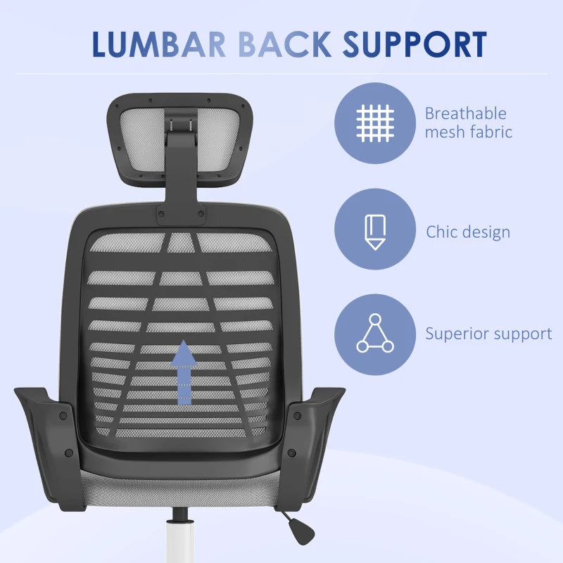 Grey Mesh Office Chair with Headrest, Lumbar Support & Armrest