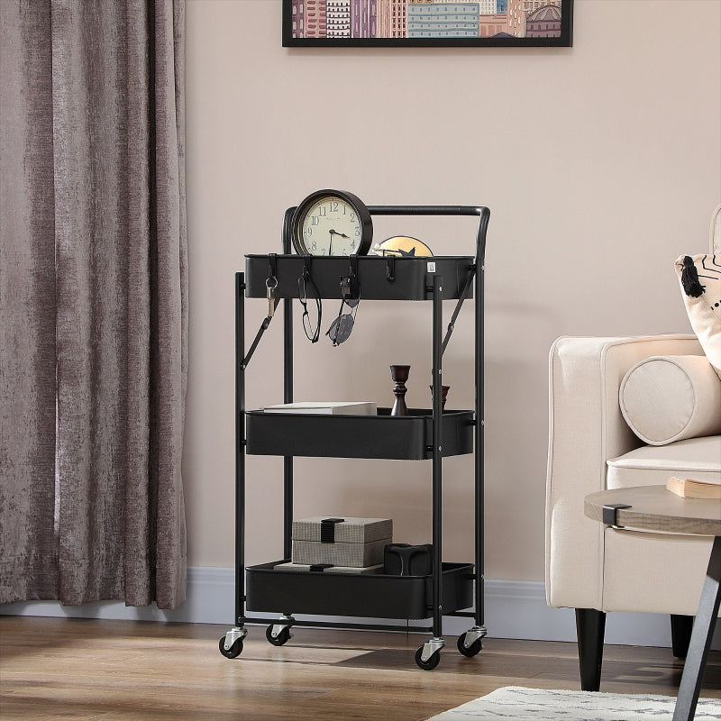 Black 3 Tier Foldable Storage Trolley Cart with Mesh Baskets and Hooks