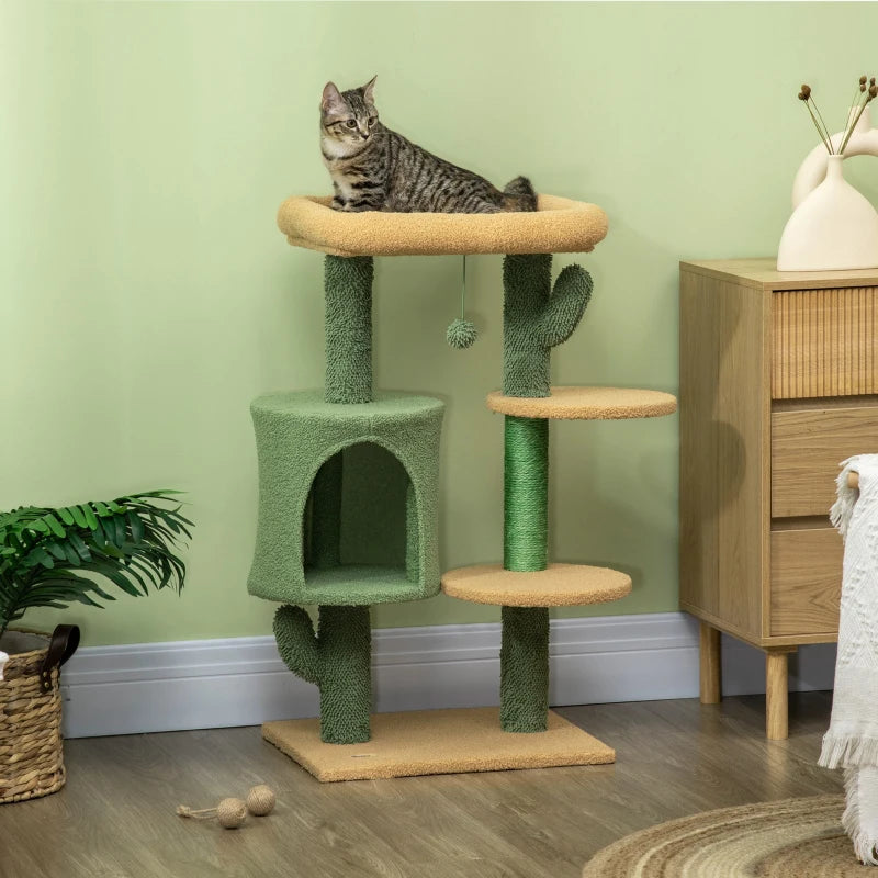 Green Cactus Cat Tree with Teddy Fleece House & Scratching Posts