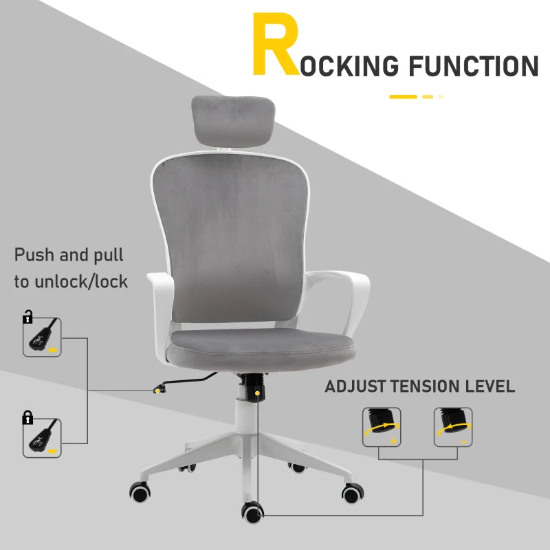 Grey Velvet Ergonomic Office Chair with Adjustable Headrest