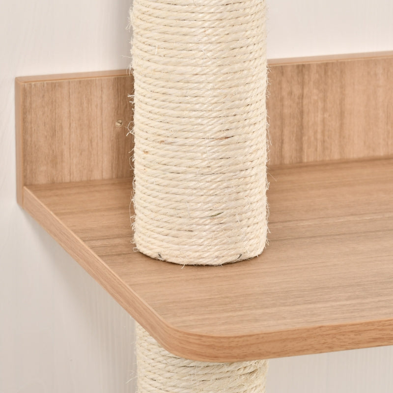 Beige Wall-Mounted Cat Tree with House, Bed, Scratching Post