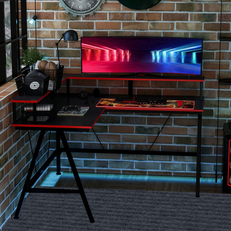 Black and Red L-Shaped Gaming Desk with Monitor Stand