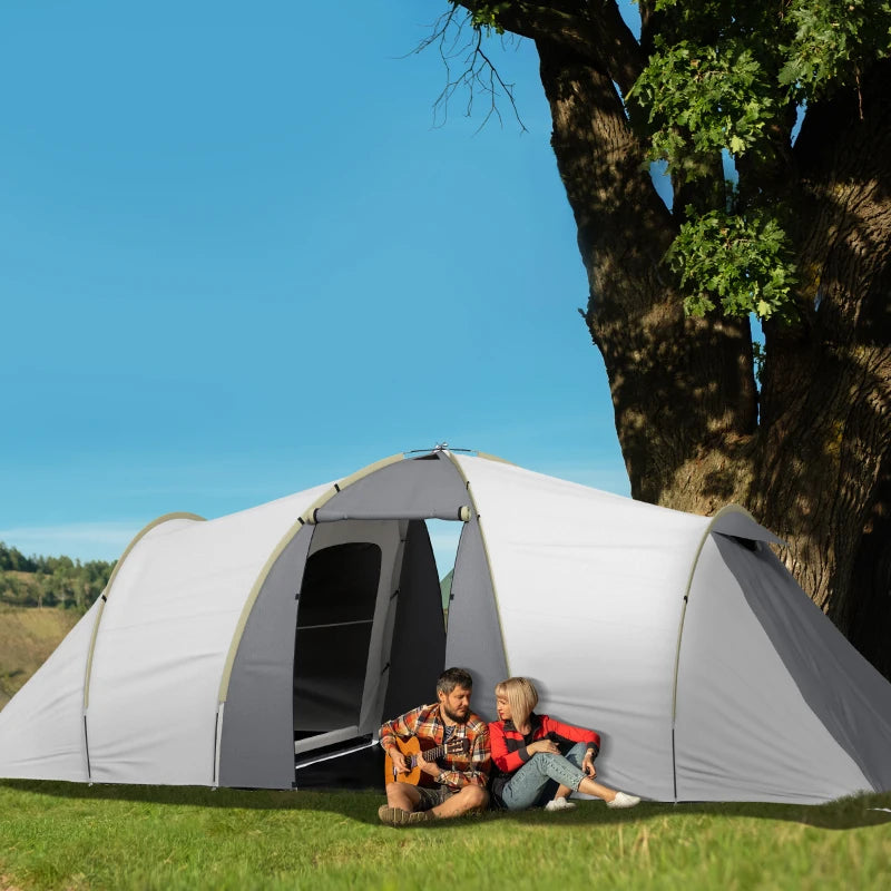 4-Person Tunnel Camping Tent with 2 Bedrooms and Living Area - Grey/Yellow