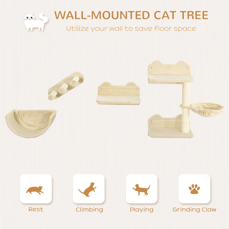 Beige Cat Wall Shelves Set with Scratching Post, Hammock, Nest - 4PCs