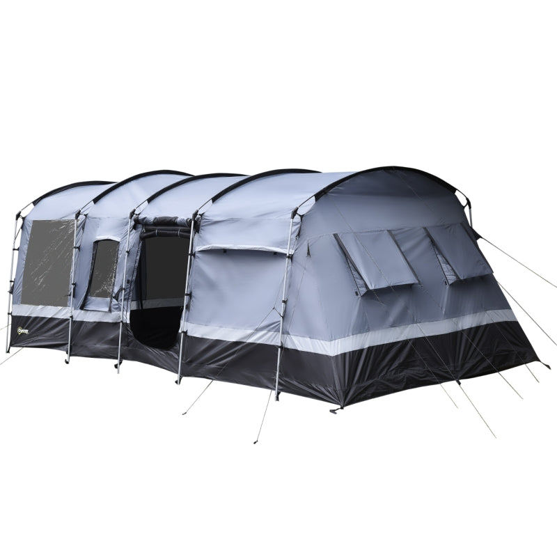 8-Person Waterproof Grey Camping Tent with Tunnel Design and 4 Large Windows