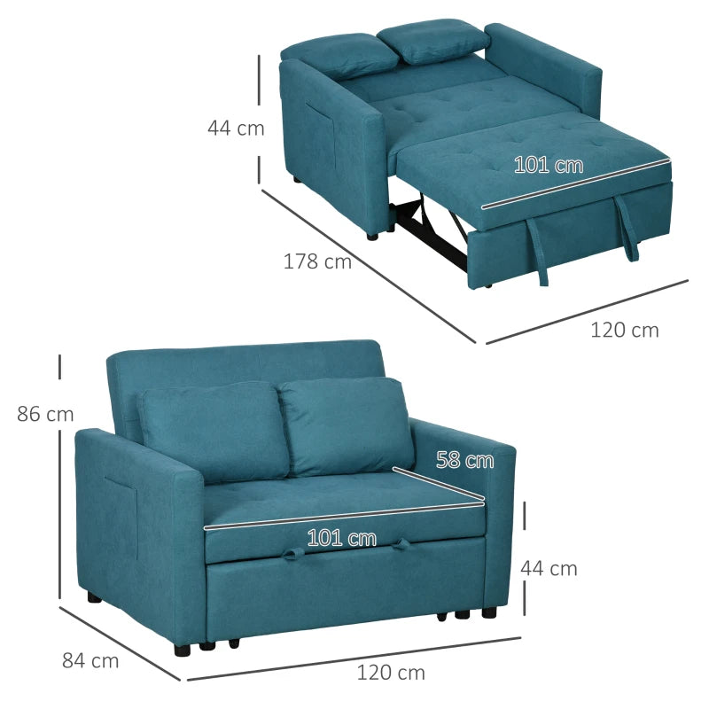 Blue Convertible Loveseat Sofa Bed with Cushions and Side Pockets