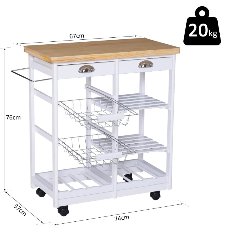 White Rolling Kitchen Island Cart with Drawers, Shelves, Basket, Wine Rack & Wheels