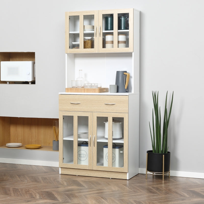 Modern White Kitchen Storage Cabinet with Glass Doors and Drawer, 180cm