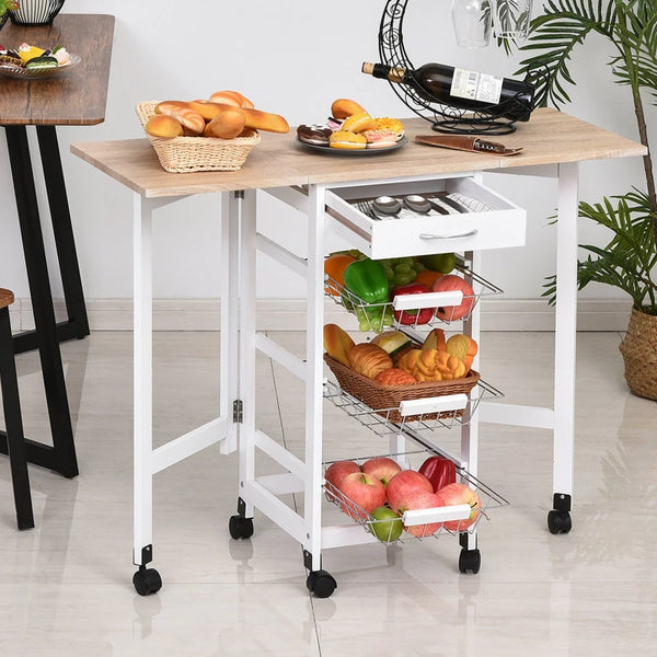 White Oak Drop-Leaf Kitchen Cart Trolley with Baskets and Drawer