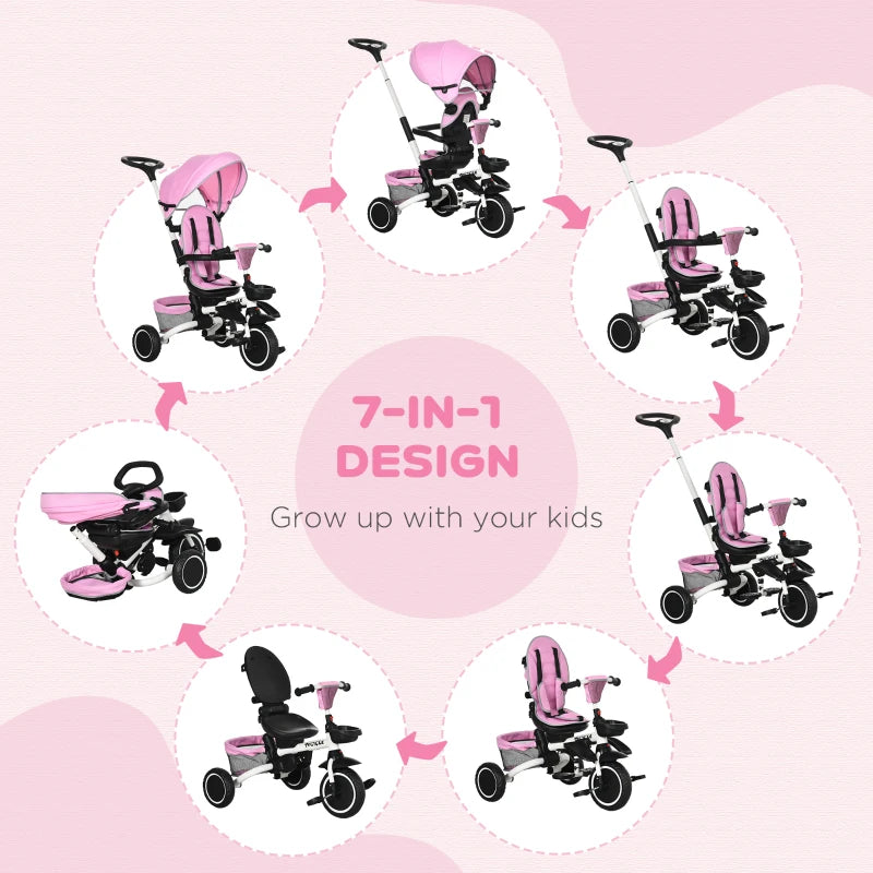 3-in-1 Pink Kids Tricycle with Rotating Seat & Adjustable Handle