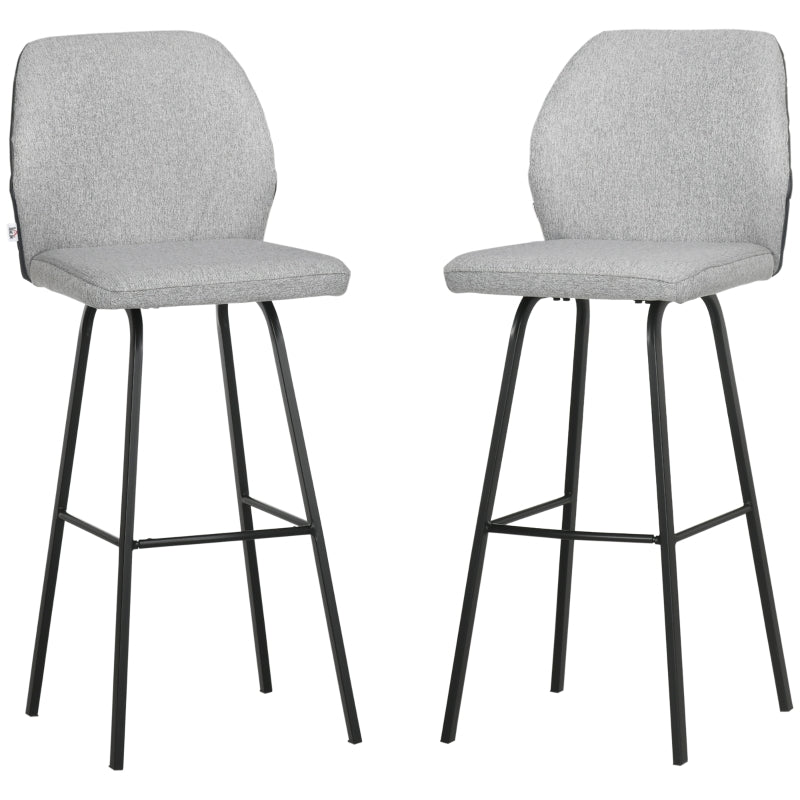 Light Grey Upholstered Bar Stools Set of 2 with Backs and Steel Legs