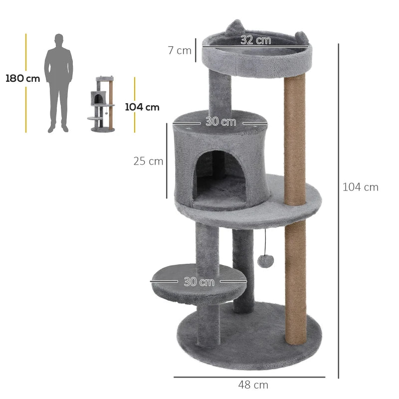 Grey Cat Tree Tower with Scratching Posts and Plush Perch