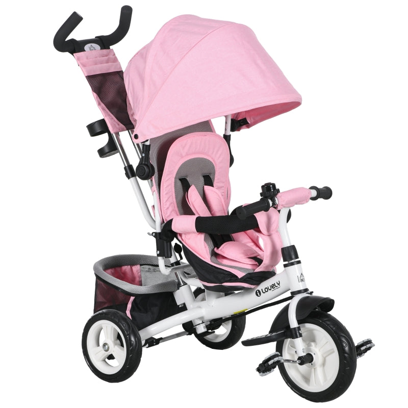 Pink 6-in-1 Kids Trike with Push Handle, Canopy, Safety Belt, Storage, Footrest, Brake