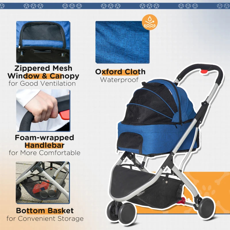 Foldable Dark Blue Pet Stroller with Canopy & Storage