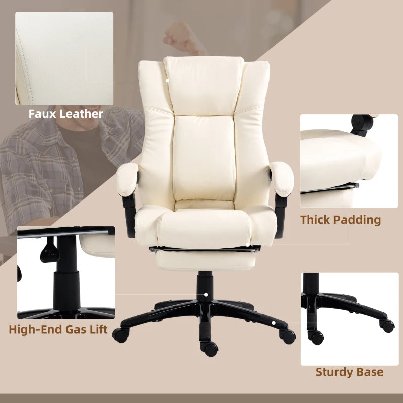 Swivel Office Chair with Footrest, Wheels, Adjustable Height - Cream White