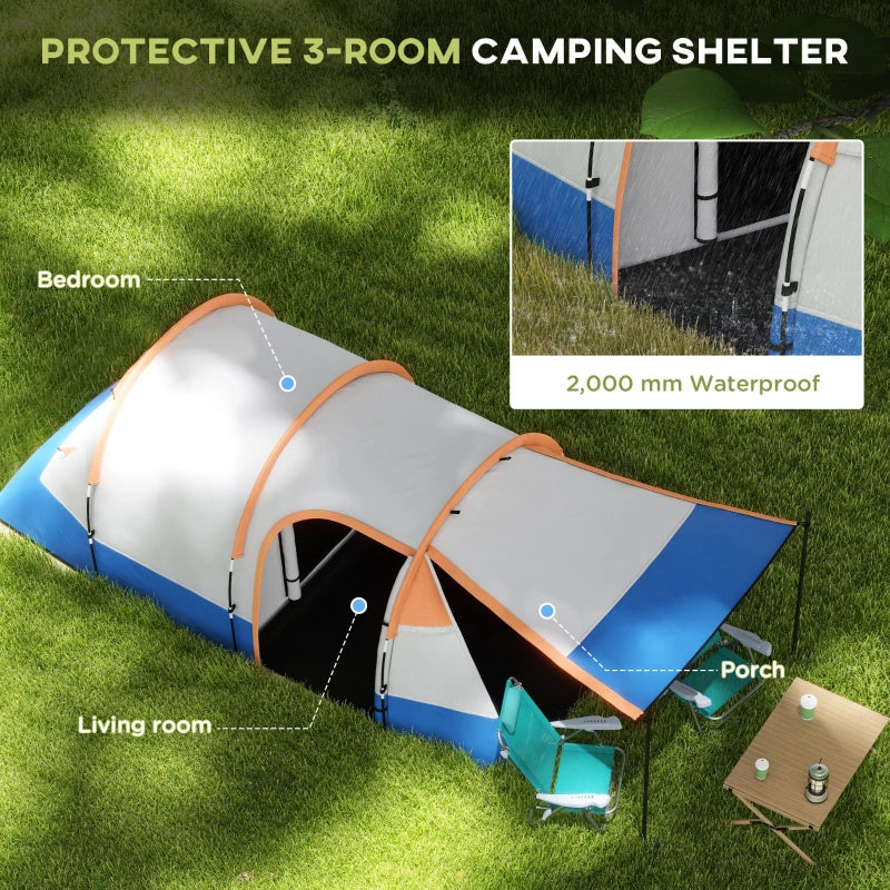 Orange 2-3 Person Waterproof Camping Tunnel Tent with Bedroom and Living Area