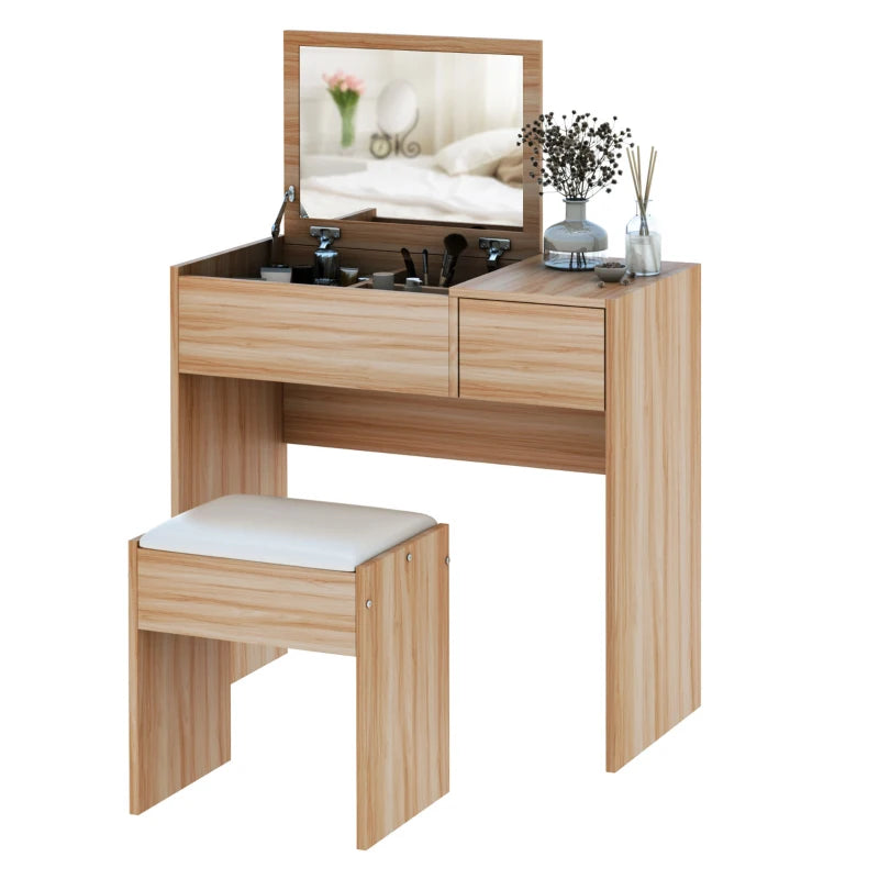 Natural Makeup Vanity Set with Mirror, Drawer, and Stool
