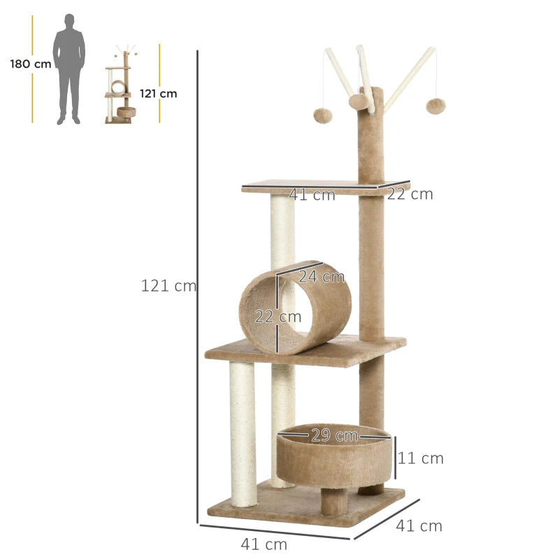 Brown Cat Tree Tower with Scratching Post & Toys - 121cm