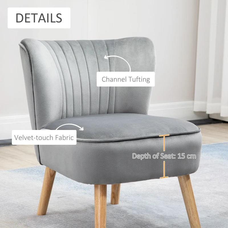 Light Grey Velvet Accent Chair with Ottoman - Curved Back, Wood Frame Legs