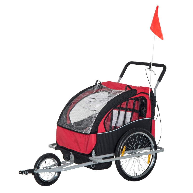 Red 2-Seater Collapsible Bike Trailer & Child Stroller with Pivot Wheel