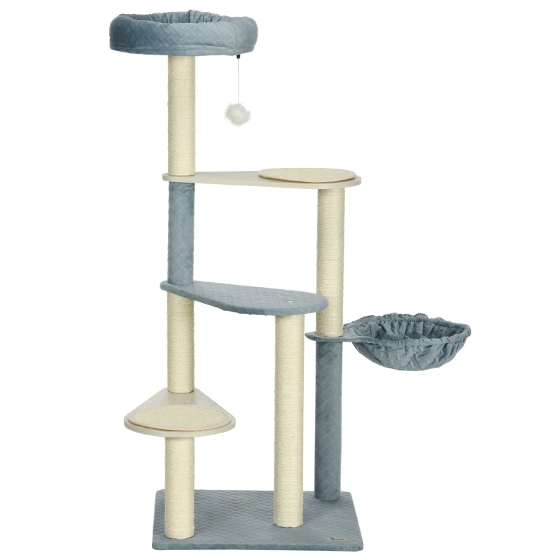 Cat Tree Tower with Scratching Posts, Mats, Hammock, Bed, Toy Ball - Grey