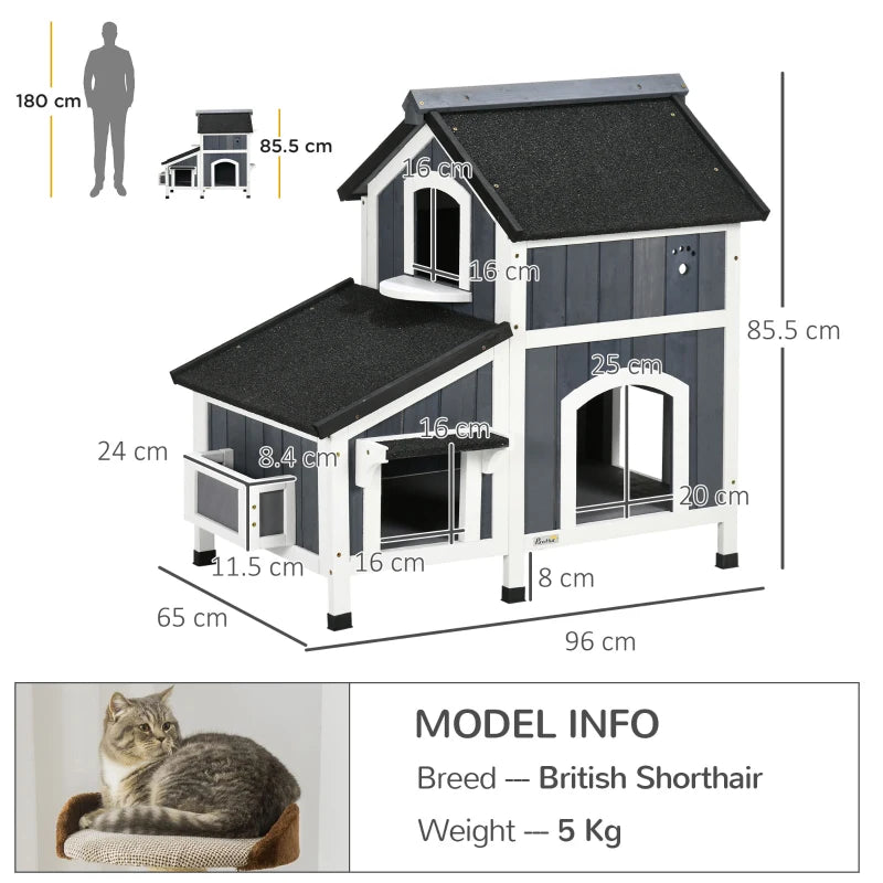 Grey Wooden Outdoor Cat House with Flower Pot and Multiple Entrances