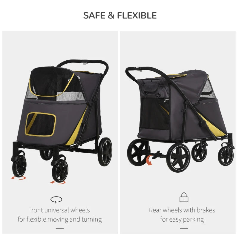 Grey Foldable Pet Stroller with Universal Wheels for Medium and Large Dogs