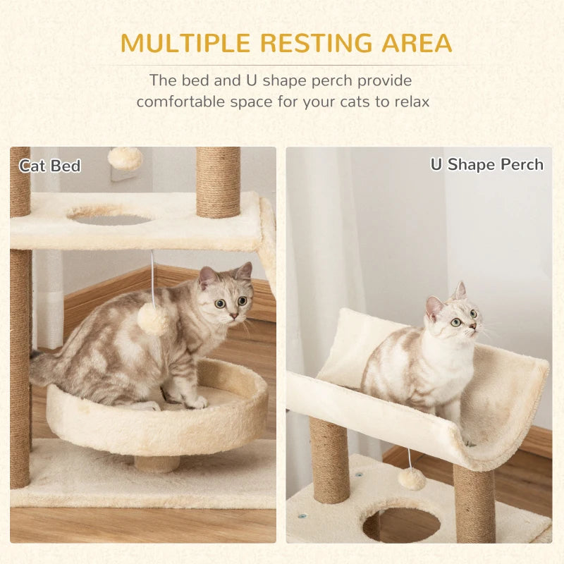 Cat Tree with Scratching Posts, Pad, Bed, Perch & Ball - Light Brown