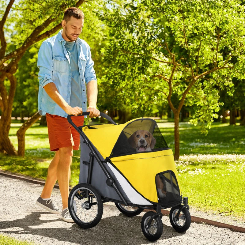 Yellow Foldable Pet Stroller with Washable Cushion & Storage Bags