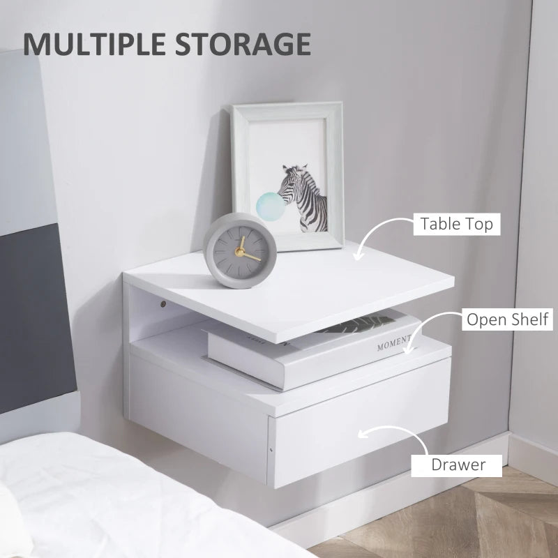 White Floating Bedside Cabinet with Drawer and Shelf, Wall Mounted Nightstand