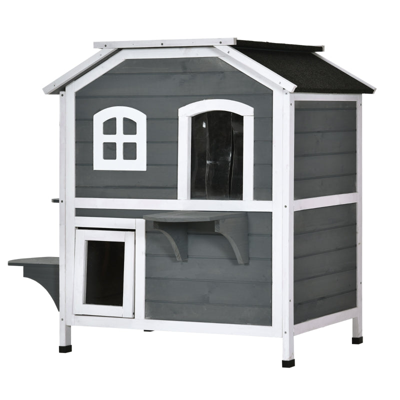 Grey 2-Story Weatherproof Wooden Cat Enclosure with Escape Door