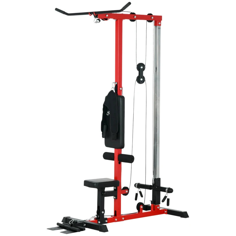 Red Pull Up Station with Adjustable Seat and Lat Pulldown - Home Gym Fitness Equipment