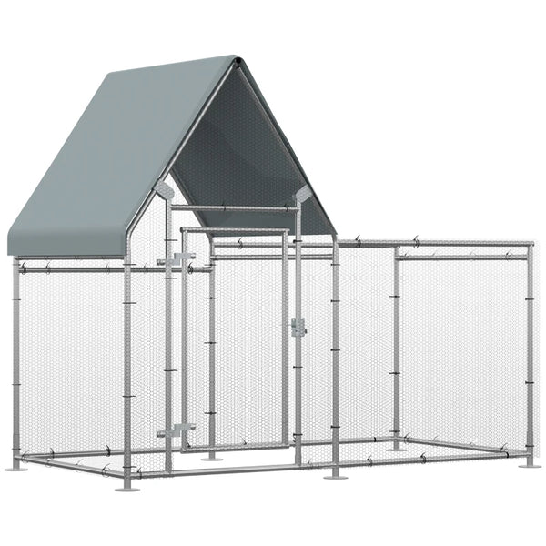 Galvanized Metal Chicken Run with Water-Resistant Cover, Large Outdoor Enclosure for 4-6 Chickens - 200 x 105 x 172cm