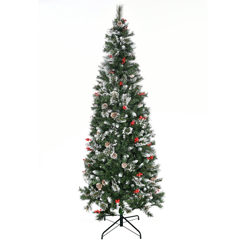 7 Ft Snow Dipped Slim Pencil Christmas Tree with Realistic Branches, Pine Cones, Red Berries - Green