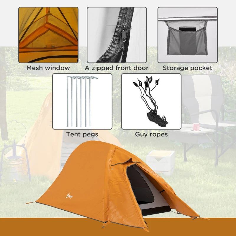 Orange Double Layer Camping Tent, 1-2 Person Backpacking Tent, Waterproof & Lightweight