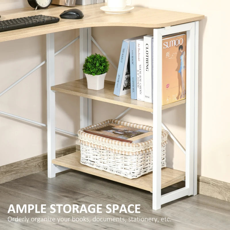 Oak Tone L-Shaped Folding Corner Desk with Storage Shelf