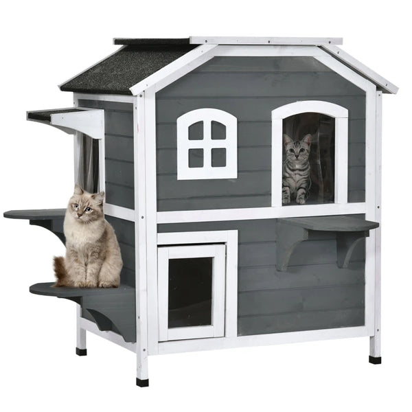 Grey 2-Story Weatherproof Wooden Cat Enclosure with Escape Door